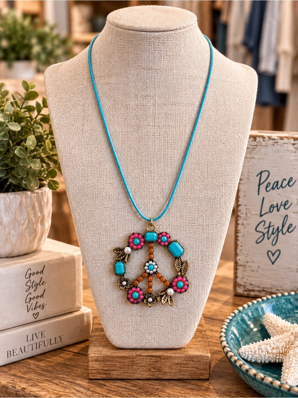 Source Unknown Turquoise & Pink Beaded Peace Pendant Necklace